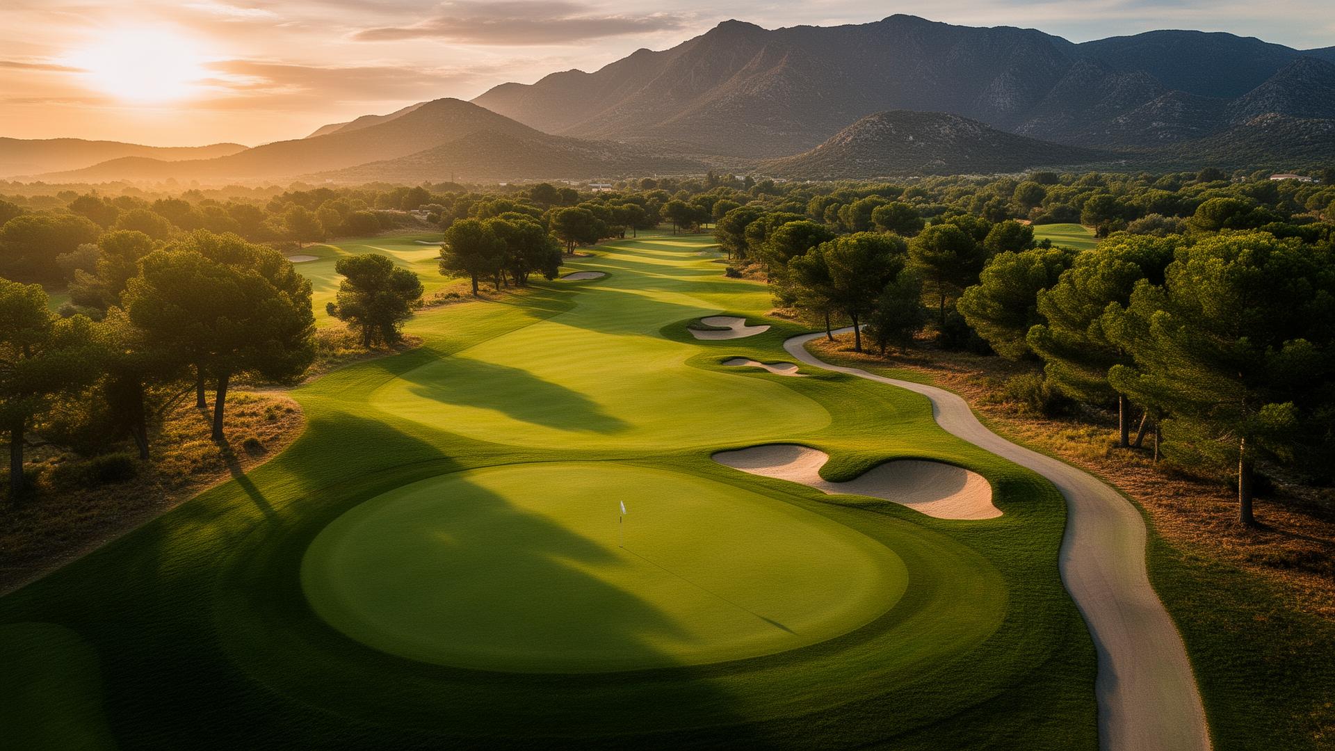 Aerial view of golf course at sunset